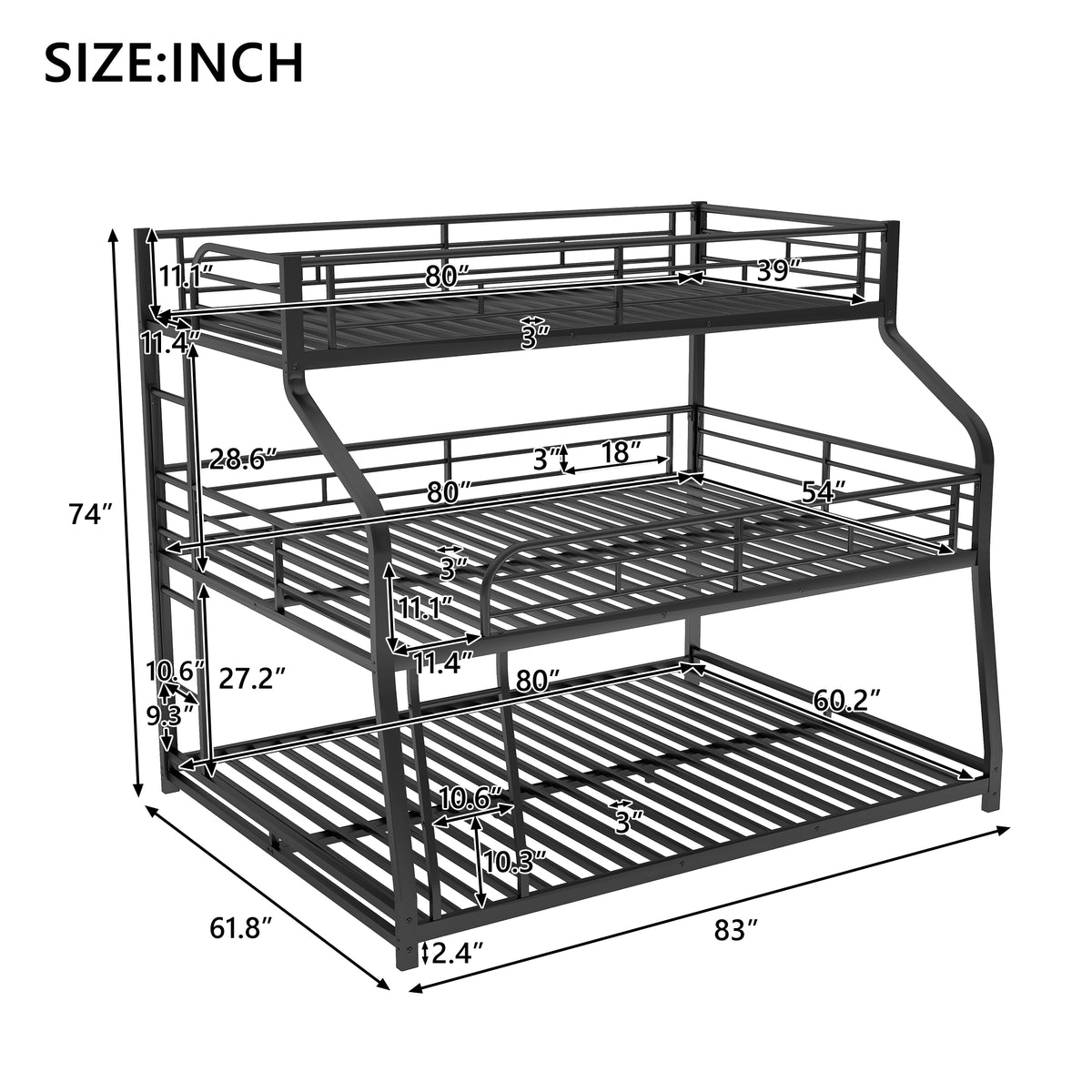 Twin XL/Full XL/Queen Triple Bunk Bed with Long and Short Ladder and Full-Length Guardrails Black
