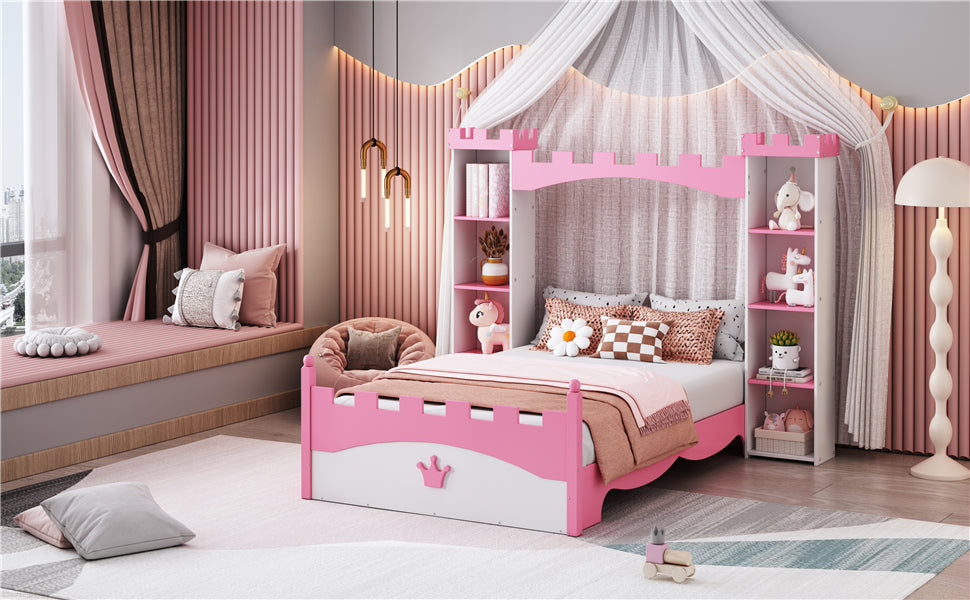 Lit en bois en forme de château avec étagère de rangement, lit plateforme double de rêve pour chambre d'enfant, blanc + rose