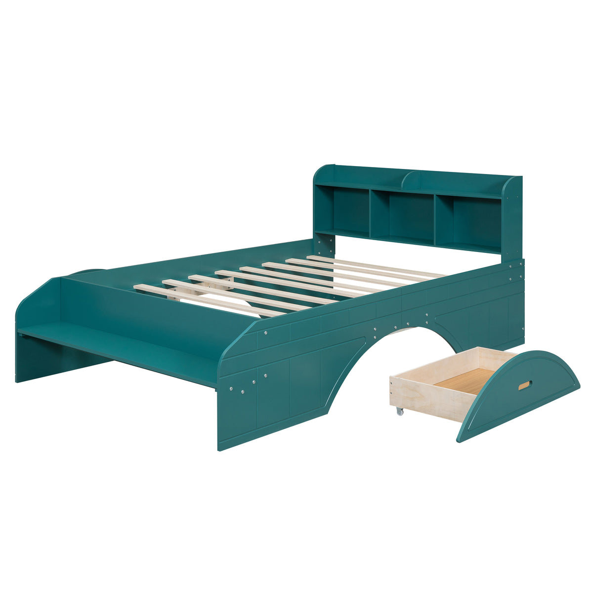 Lit plateforme double en bois avec 2 tiroirs, tête de lit et pied de lit de rangement, vert foncé