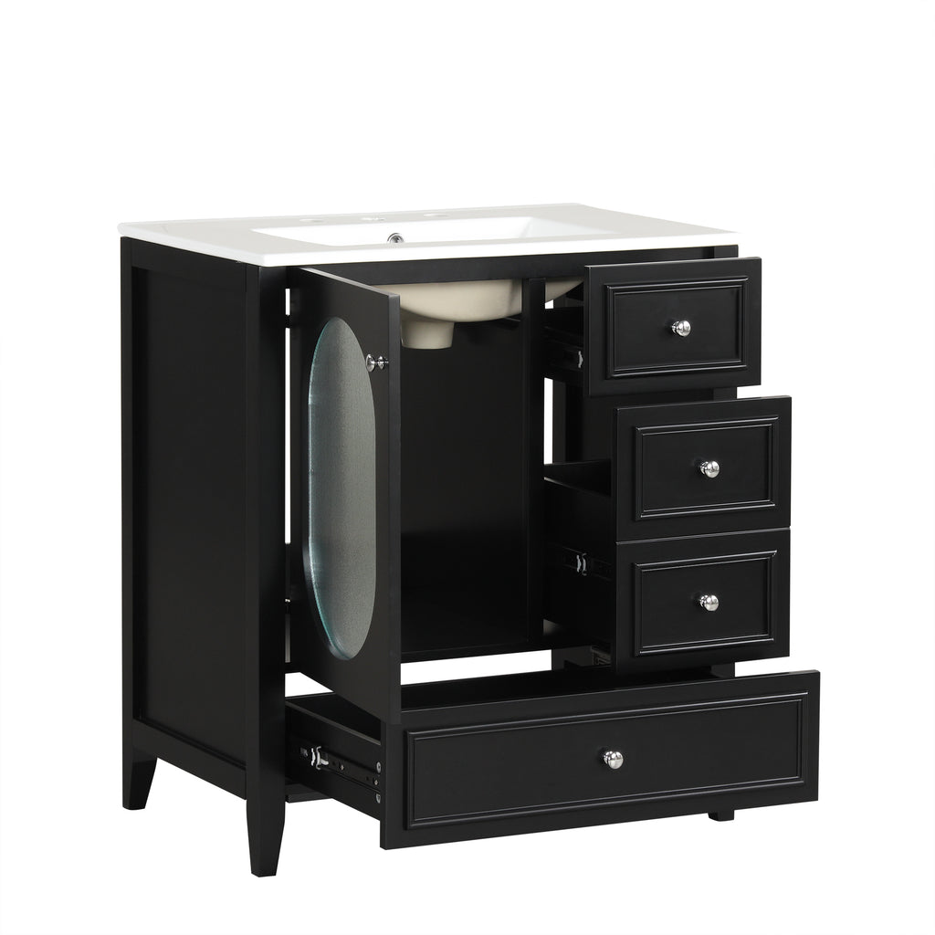 Meuble-lavabo de salle de bain de 76 cm avec lavabo, Meuble de rangement de salle de bain avec trois tiroirs et une porte, Bois massif et MDF, Noir