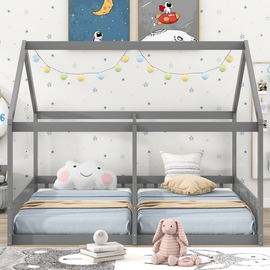 Twin Size House Platform Beds Two Shared Beds Gray