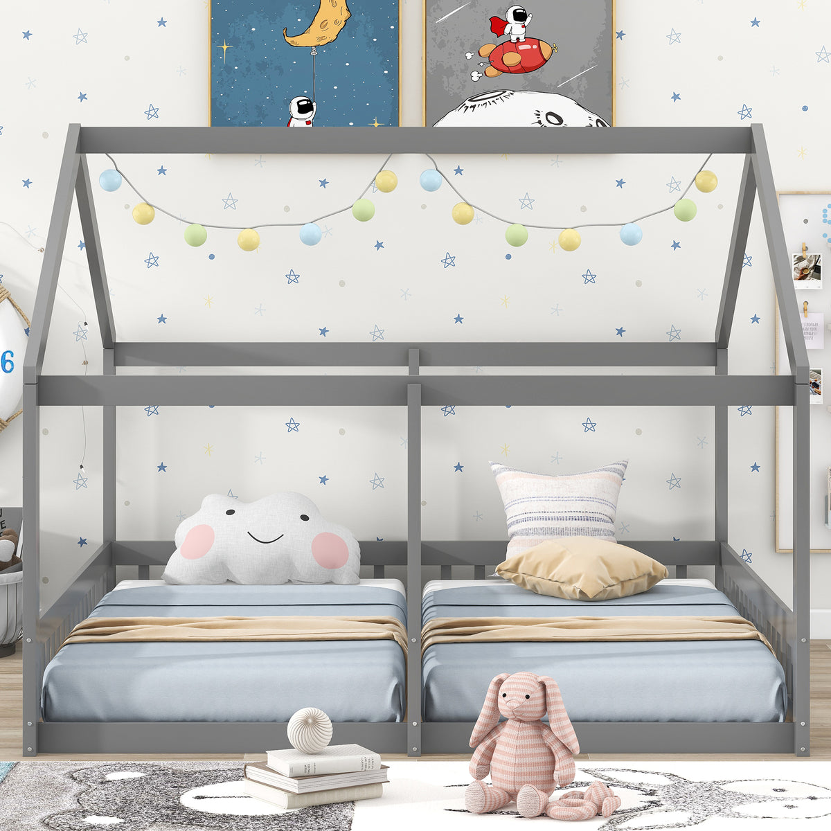 Twin Size House Platform Beds Two Shared Beds Gray