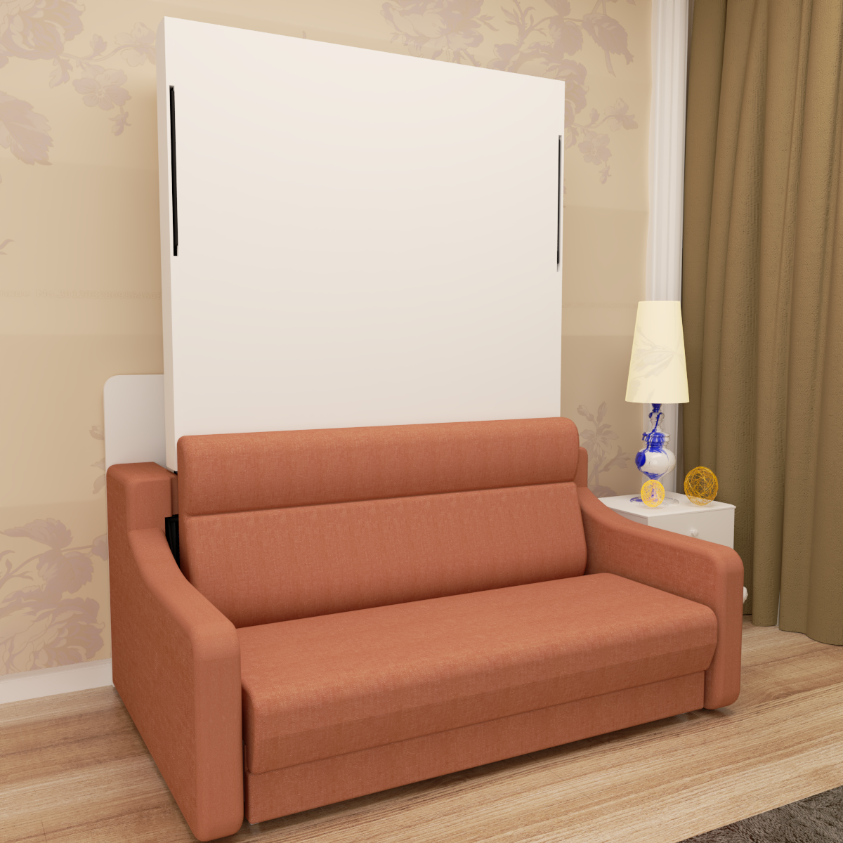 Full size Morden Deisgn vertical Murphy bed with sofa and drawers, white wall bed, space saving hidden bed with new gas pillars