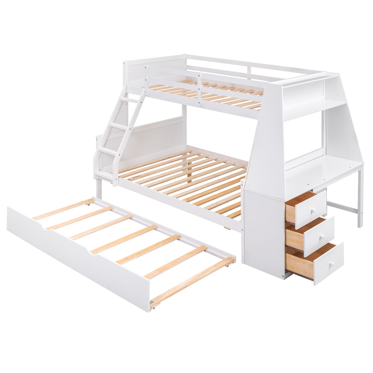 Twin over Full Bunk Bed with Trundle and Built-in Desk, Three Storage Drawers and Shelf,White