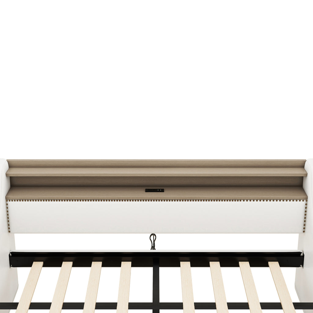 Twin Size Daybed with Drawers, Upholstered Daybed with Charging Station and LED Lights, White