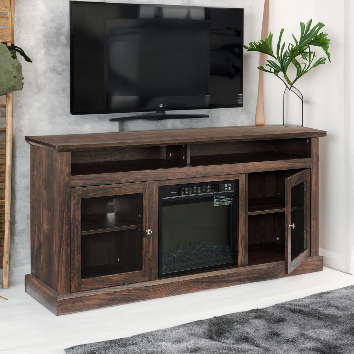 Meuble TV contemporain, console de divertissement moderne avec insert de cheminée électrique de 45,7 cm pour téléviseur jusqu'à 65 pouces avec rangement ouvert
