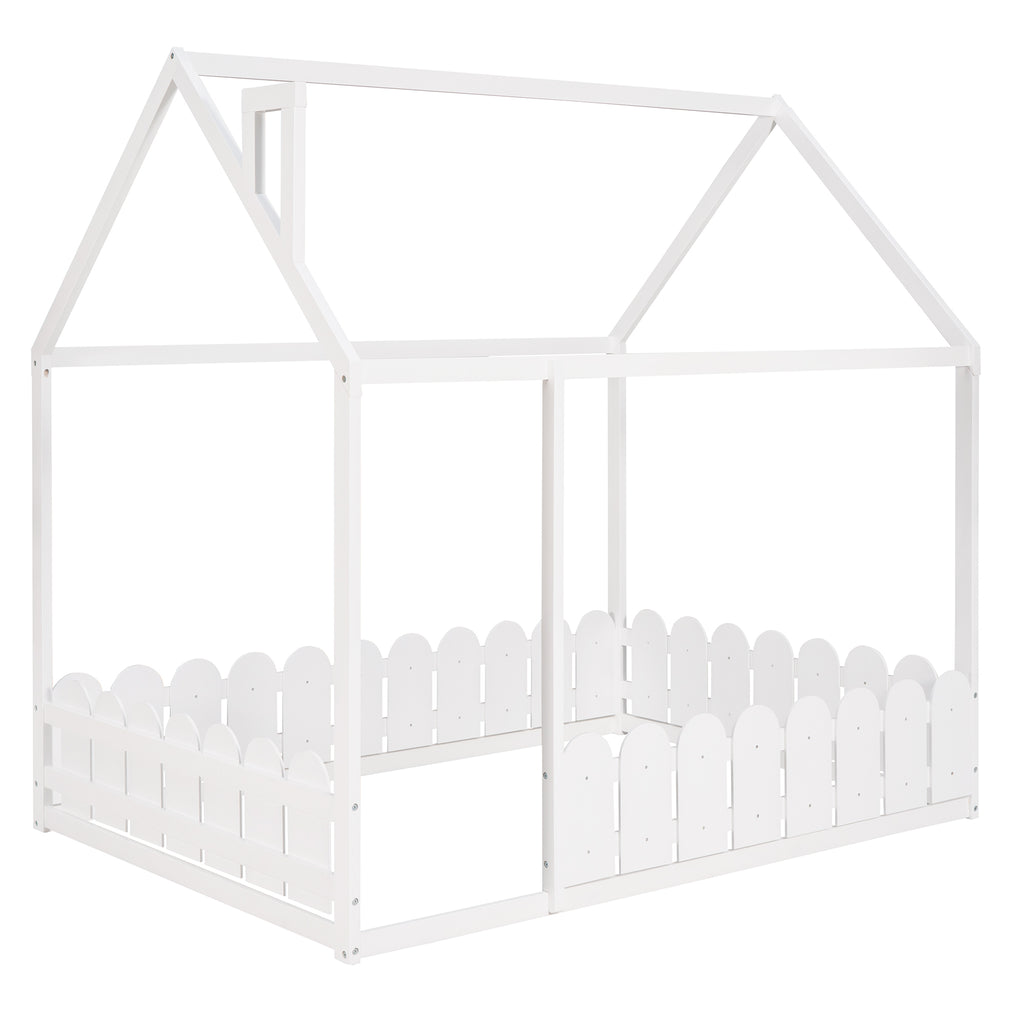 (Slats are not included) Full Size Wood Bed House Bed Frame with Fence for Kids Teens Girls Boys (White )