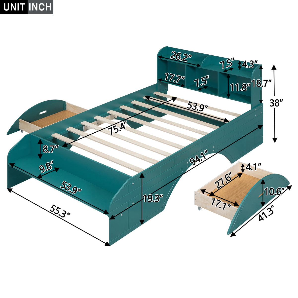 Lit plateforme double en bois avec 2 tiroirs, tête de lit et pied de lit de rangement, vert foncé