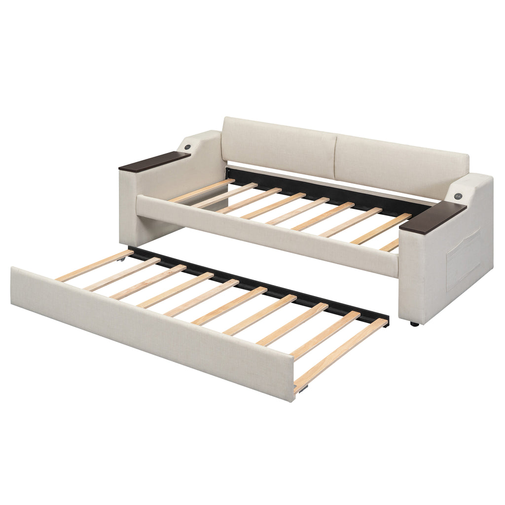 Twin Size Upholstery Daybed with Storage Arms  Trundle and USB Design Beige