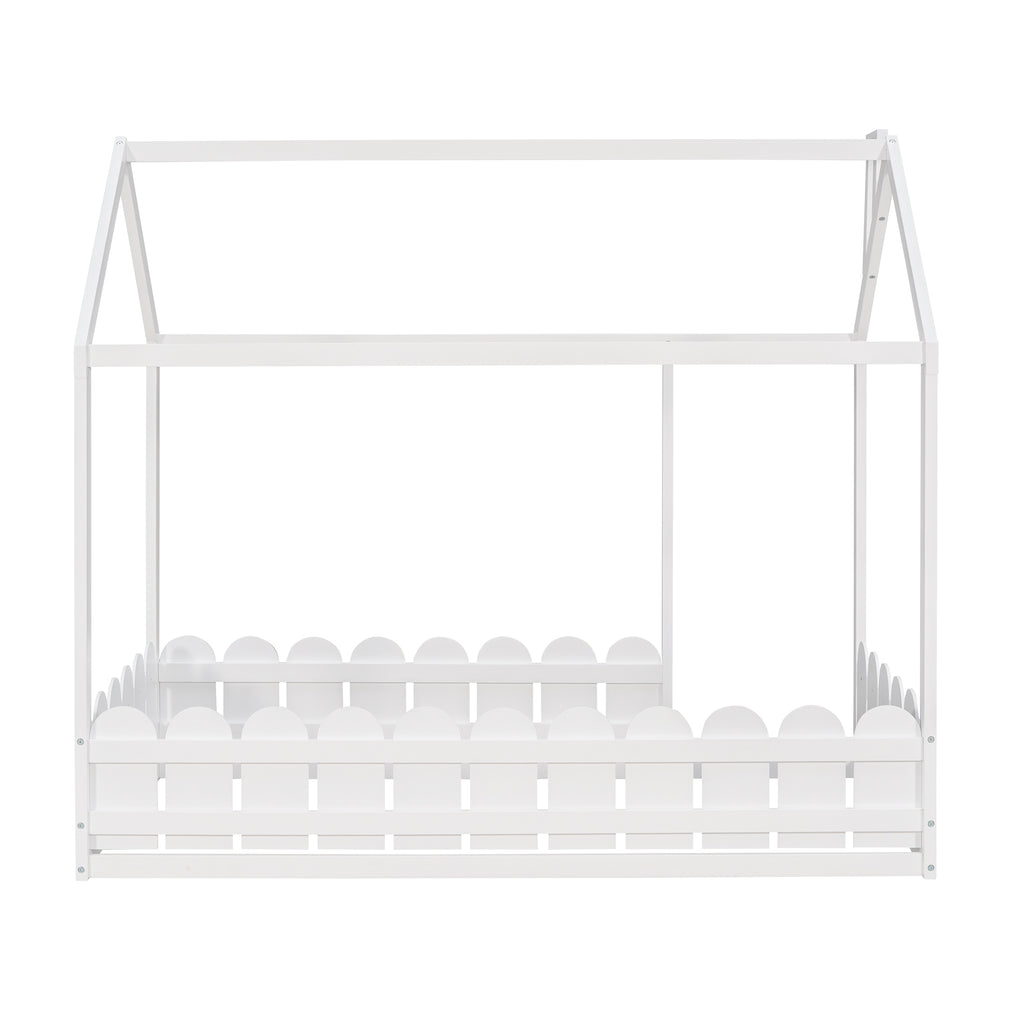 {Slats are not included}Twin Size Wood Bed House Bed Frame with Fence for KidsTeens Girls Boys {White}