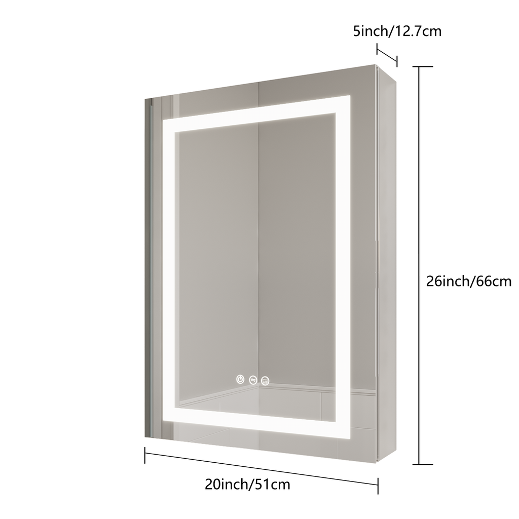 26x20 inch Bathroom Medicine Cabinet with LED Mirror, Anti-Fog, Waterproof3000K~6000K Single Door Lighted Bathroom Cabinet with Touch SwichDimmable Recessed or Surface Mount (Right Door)