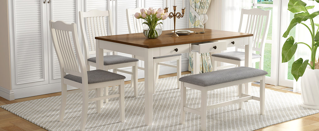 TOPMAX Mid-Century 6-Piece Wood Dining Table Set, Kitchen Table Set with Drawer  Upholstered Chairs and Bench  Butter Milk