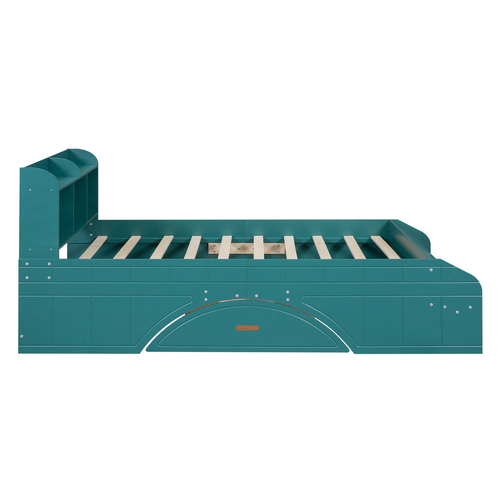 Lit plateforme double en bois avec 2 tiroirs, tête de lit et pied de lit de rangement, vert foncé