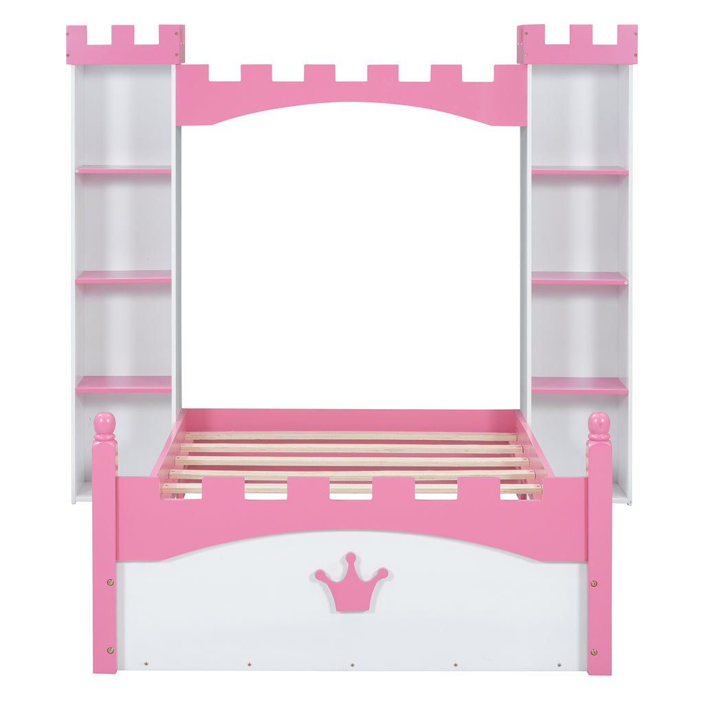 Lit en bois en forme de château avec étagère de rangement, lit plateforme double de rêve pour chambre d'enfant, blanc + rose