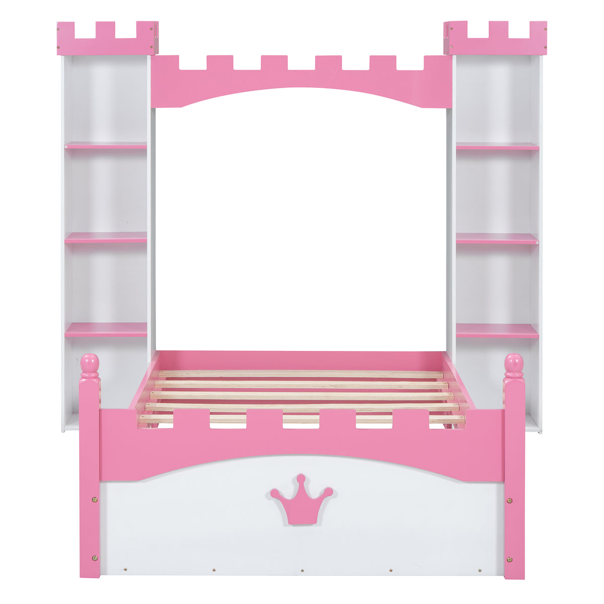 Lit en bois en forme de château avec étagère de rangement, lit plateforme double de rêve pour chambre d'enfant, blanc + rose