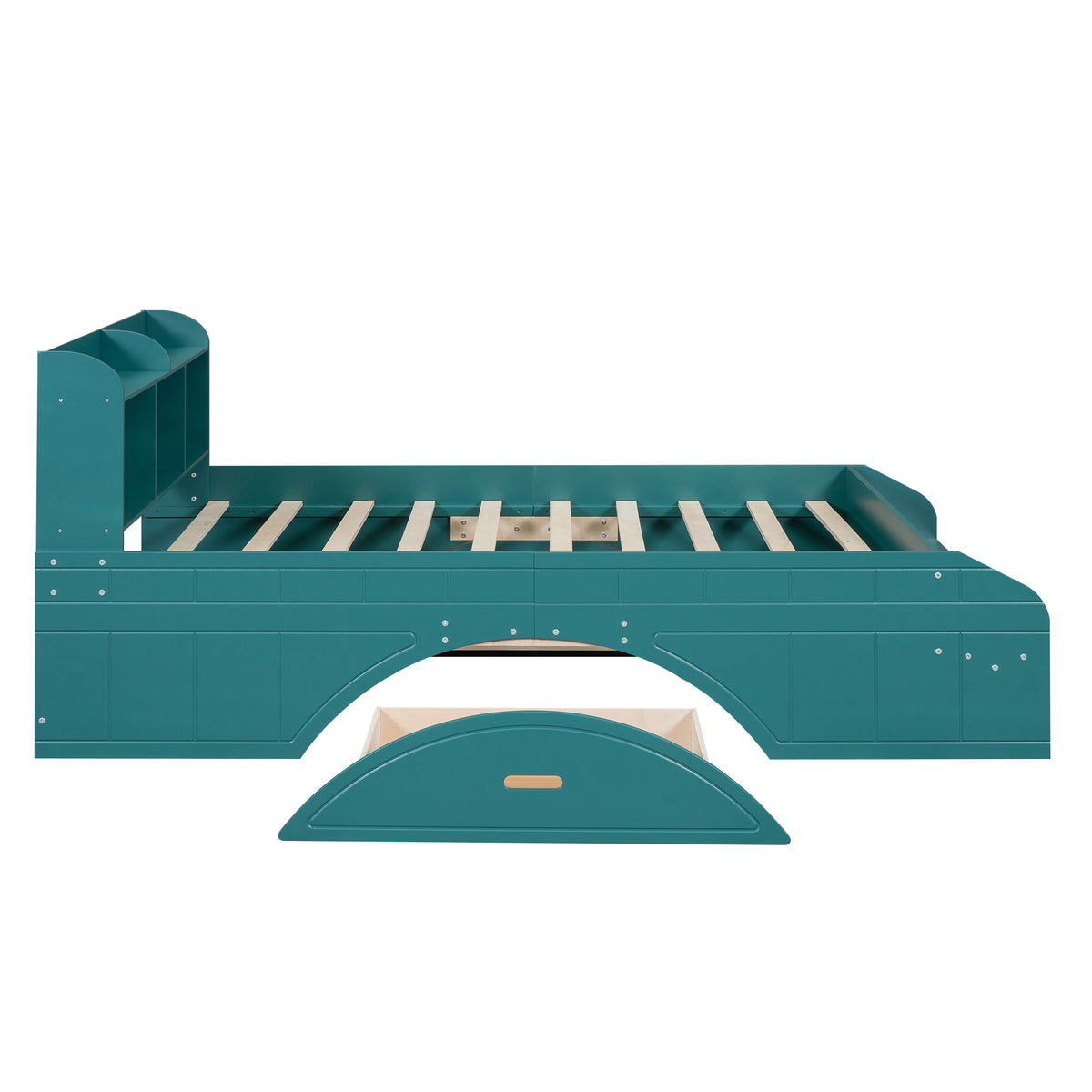 Lit plateforme double en bois avec 2 tiroirs, tête de lit et pied de lit de rangement, vert foncé