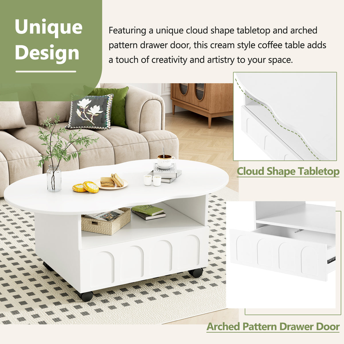 Deux ensembles de meubles TV et tables basses ON-TRANS de style crème, adaptés aux téléviseurs de moins de 80 pouces, blancs