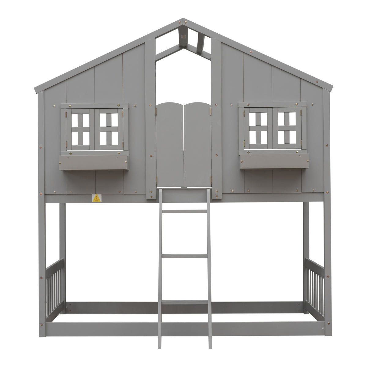 Twin over Twin House Bunk Bed with Roof , Window, Window Box, Door , with Safety Guardrails and Ladder, Grey