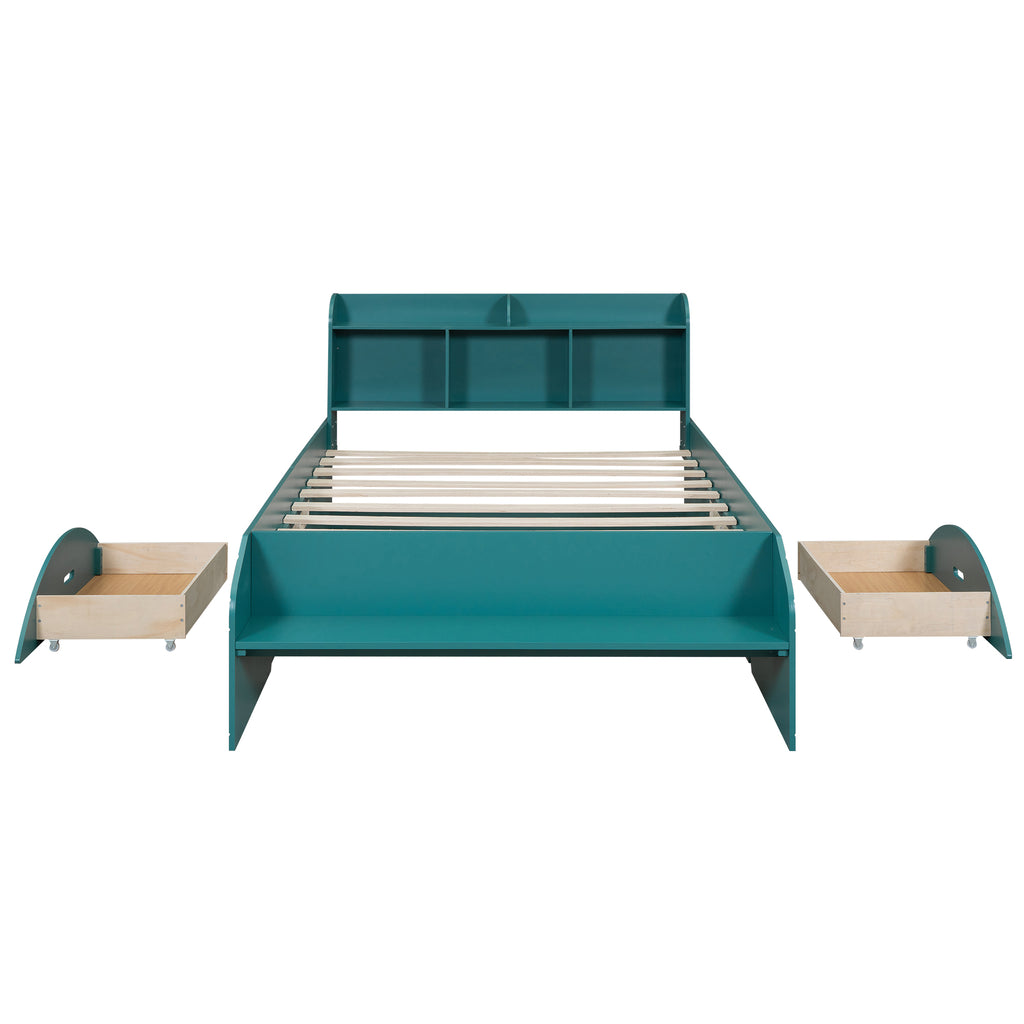 Lit plateforme double en bois avec 2 tiroirs, tête de lit et pied de lit de rangement, vert foncé