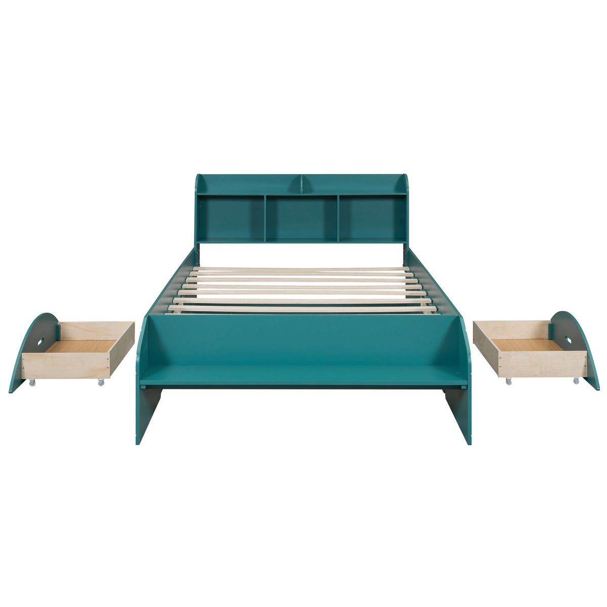 Lit plateforme double en bois avec 2 tiroirs, tête de lit et pied de lit de rangement, vert foncé