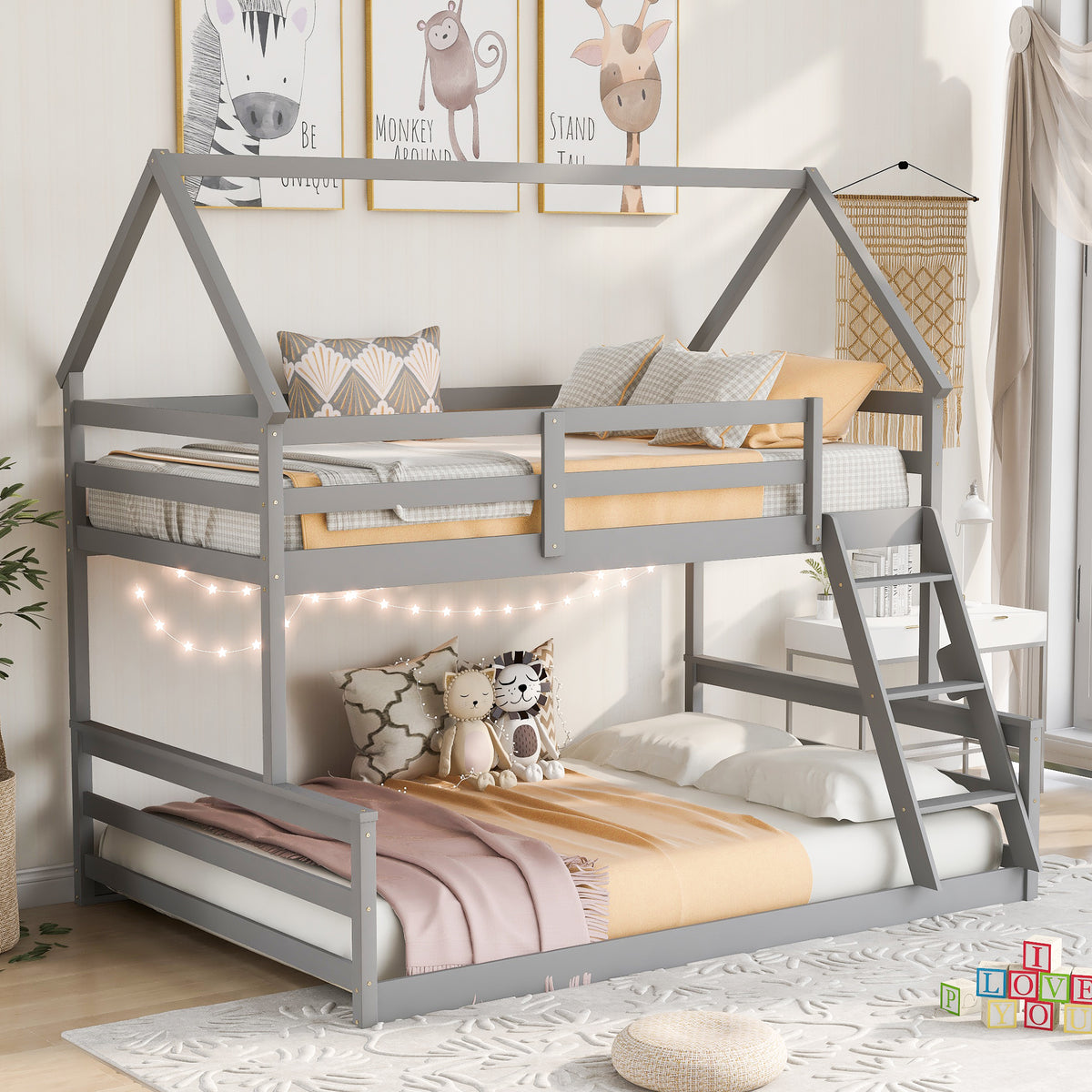 Lit superposé cabane double sur double avec échelle intégrée, gris