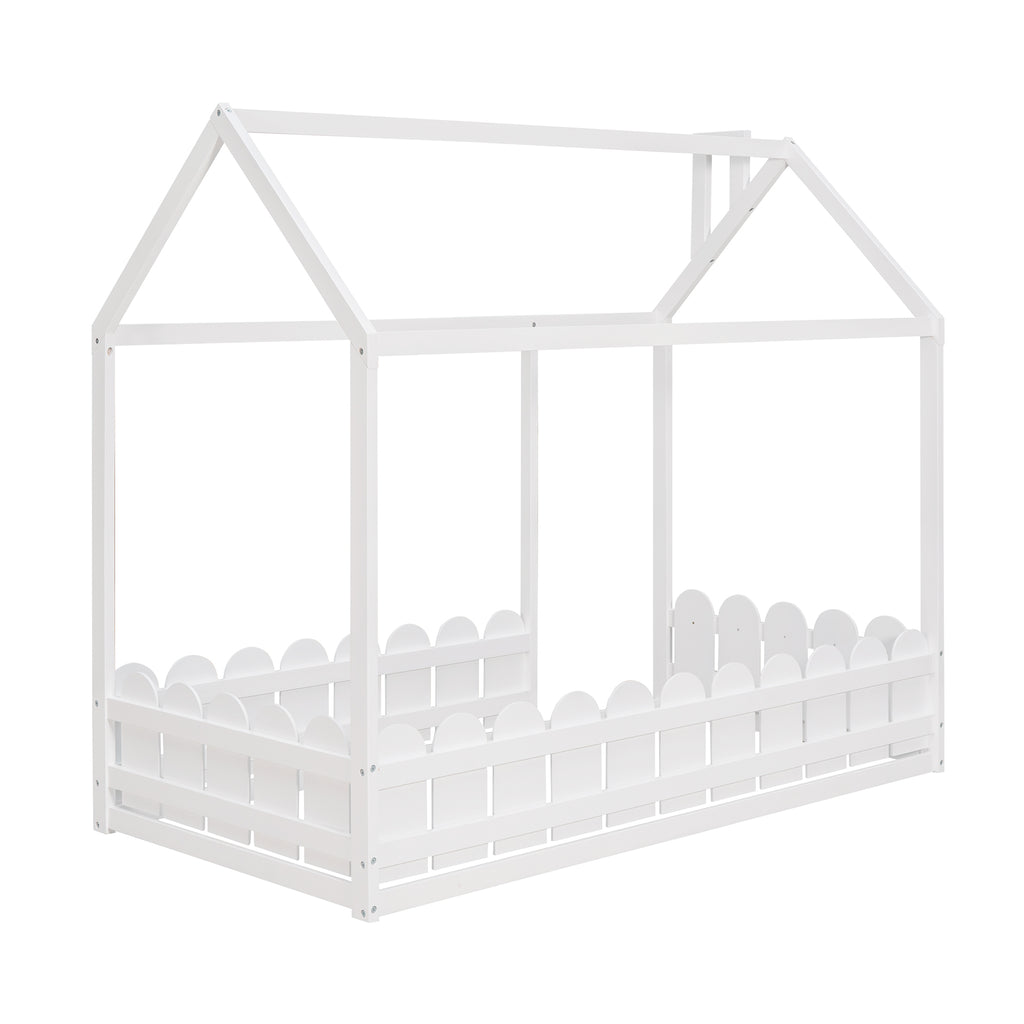 {Slats are not included}Twin Size Wood Bed House Bed Frame with Fence for KidsTeens Girls Boys {White}