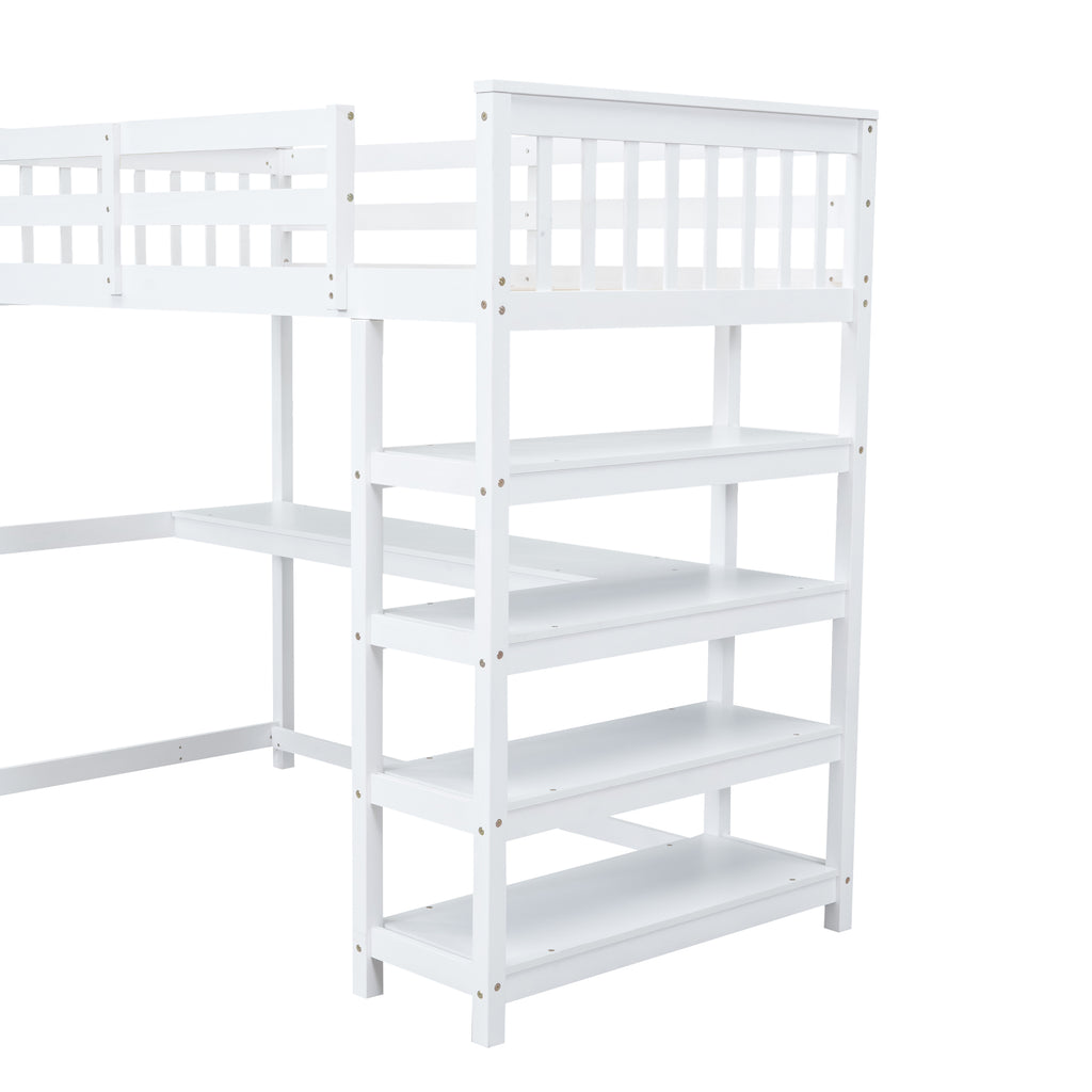 Twin Size Loft Bed with Storage Shelves and Under-bed Desk  White