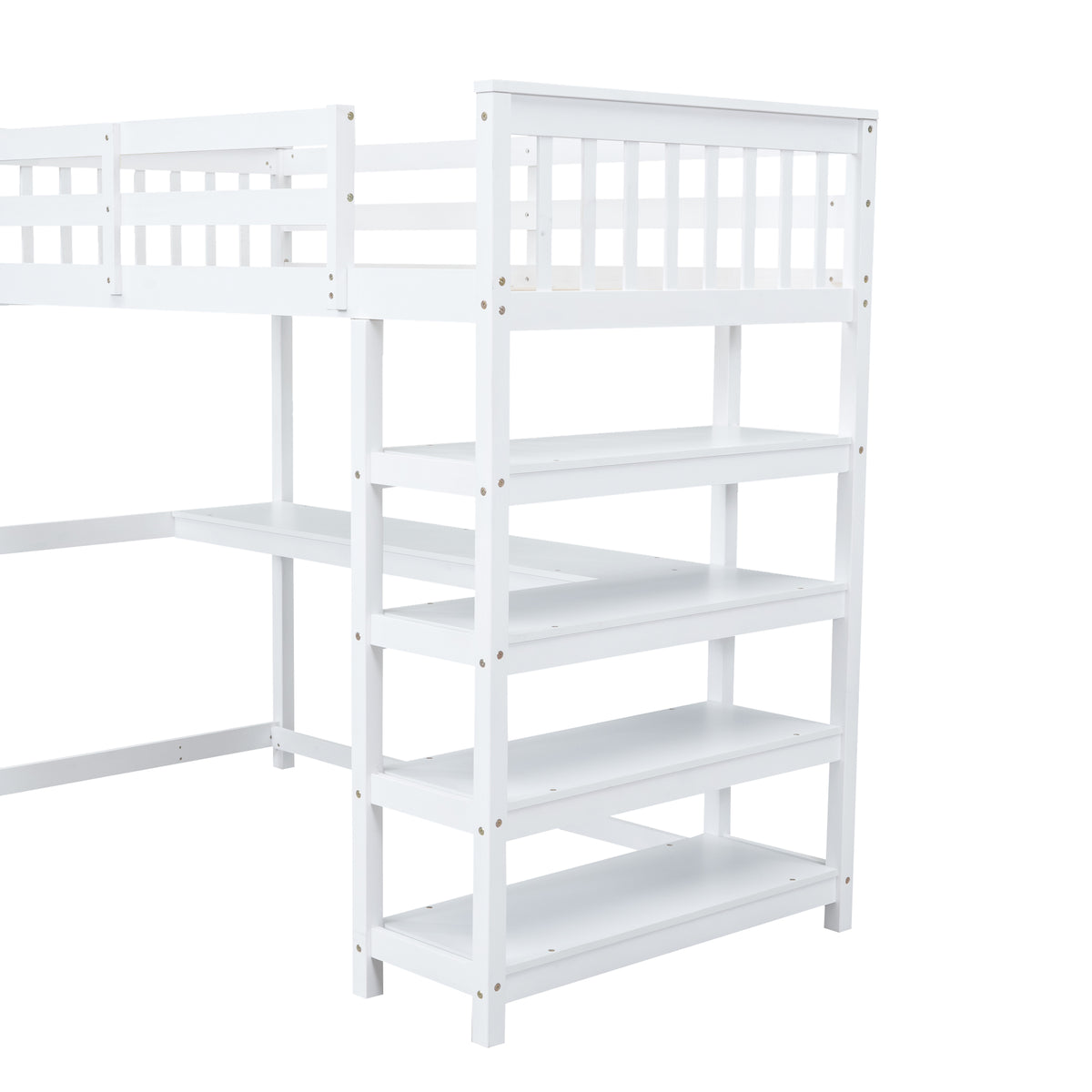 Twin Size Loft Bed with Storage Shelves and Under-bed Desk  White