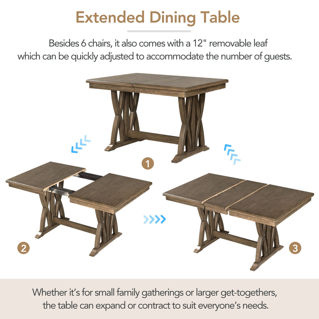 TOPMAX Mid Century Solid Wood 7-Piece Expandable Dining Table Set with Soft Cushioned Chair, Gold Brown+Gray Cushions