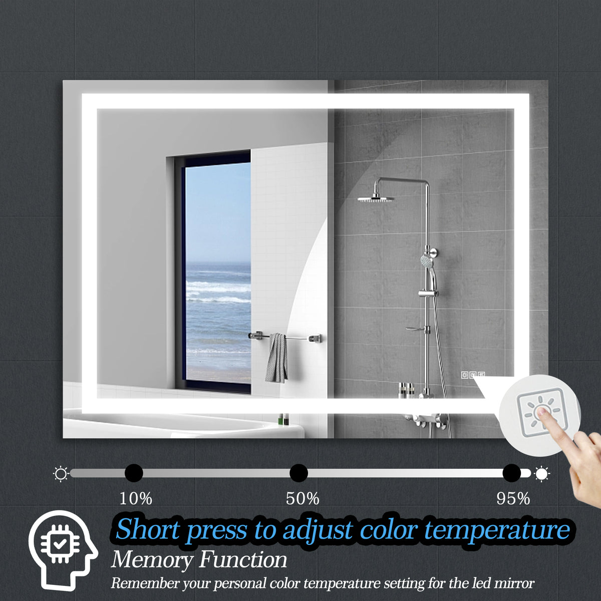 Miroir de salle de bain LED 48 x 36 pouces avec éclairage, anti-buée et intensité réglable, pour coiffeuse de salle de bain