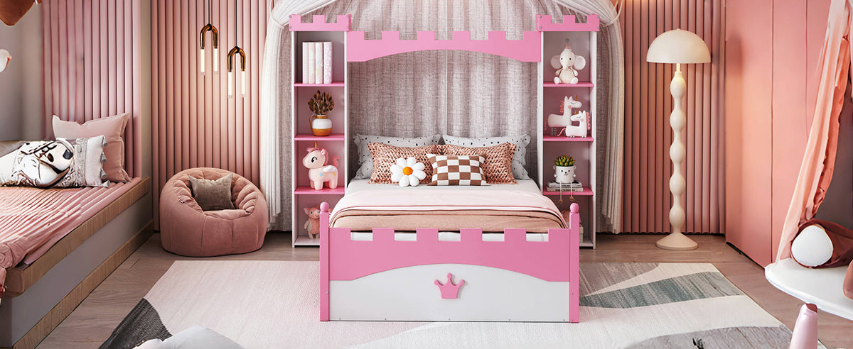 Lit en bois en forme de château avec étagère de rangement, lit plateforme double de rêve pour chambre d'enfant, blanc + rose