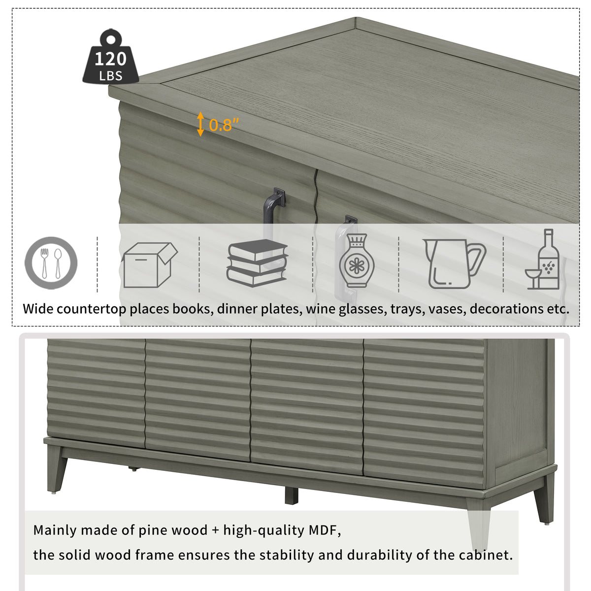 TREXM side panel with 4-door large storage buffet, adjustable shelves and metal handles (antique gray)