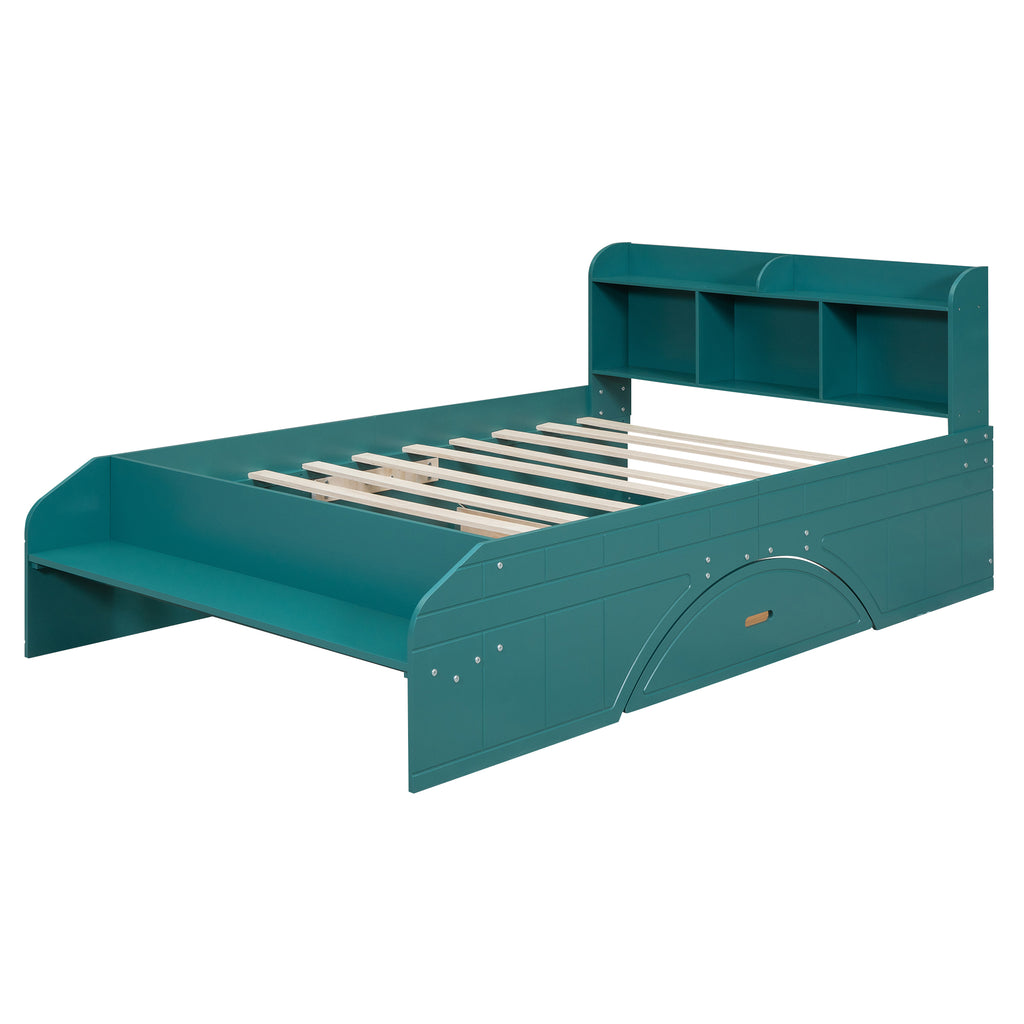 Lit plateforme double en bois avec 2 tiroirs, tête de lit et pied de lit de rangement, vert foncé