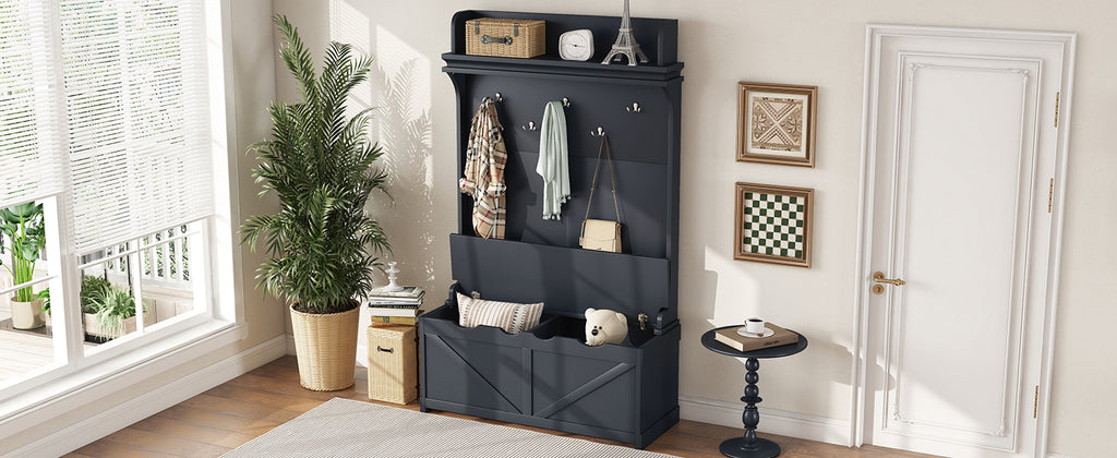 Hall tree with storage desk, entrance desk with drawers and 5 hooks, display rack, dark blue