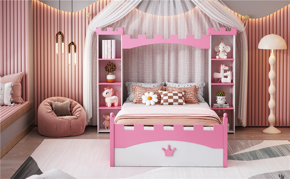 Lit en bois en forme de château avec étagère de rangement, lit plateforme double de rêve pour chambre d'enfant, blanc + rose