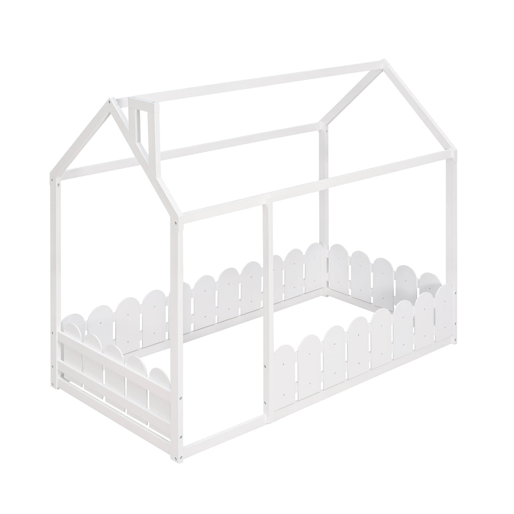 {Slats are not included}Twin Size Wood Bed House Bed Frame with Fence for KidsTeens Girls Boys {White}