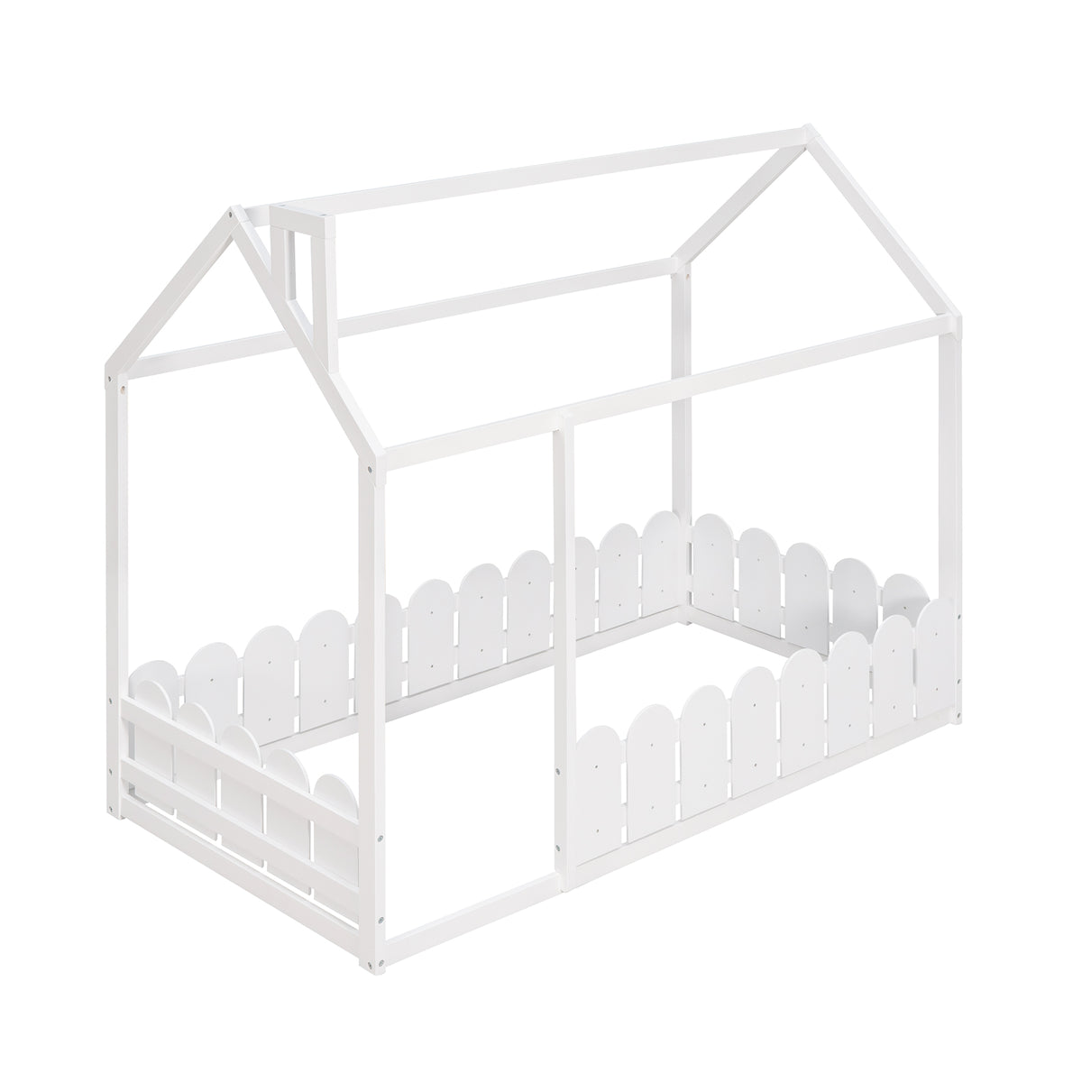 {Slats are not included}Twin Size Wood Bed House Bed Frame with Fence for KidsTeens Girls Boys {White}