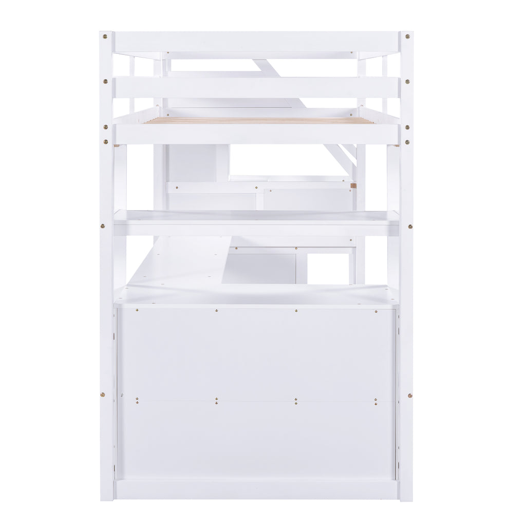 Twin Size Loft Bed with Desk and Shelves  Two Built-in Drawers  Storage Staircase White
