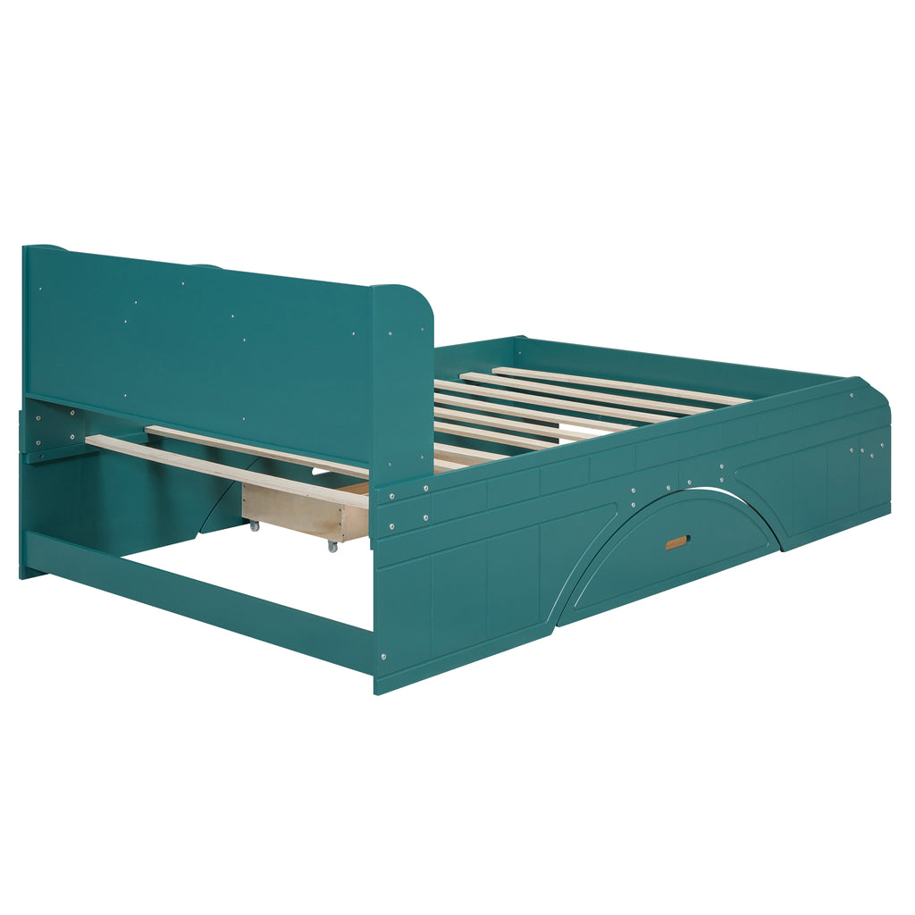 Lit plateforme double en bois avec 2 tiroirs, tête de lit et pied de lit de rangement, vert foncé