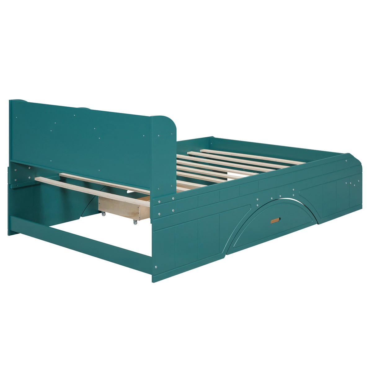 Lit plateforme double en bois avec 2 tiroirs, tête de lit et pied de lit de rangement, vert foncé