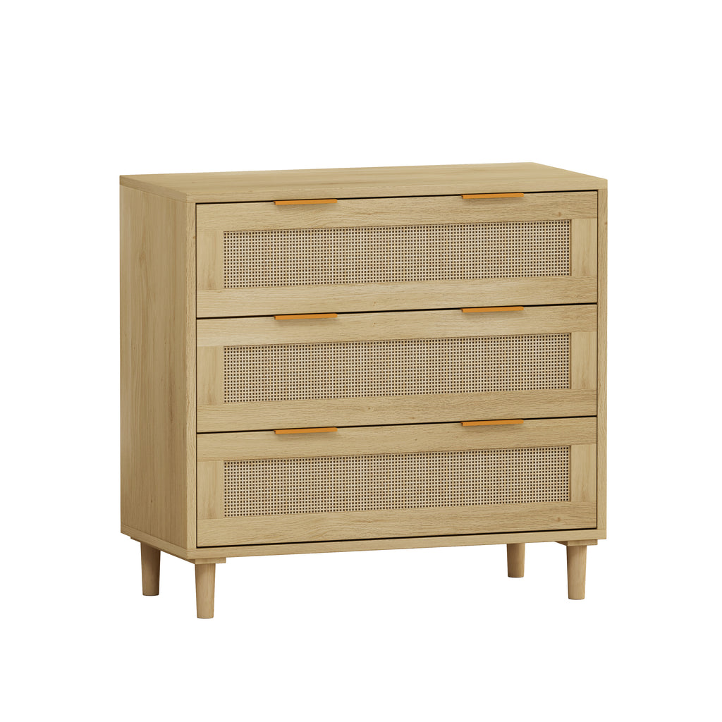 3-Drawers Rattan Storage Cabinet Rattan Drawer (Set of 2),for Bedroom,Living Room,Dining Room,Hallways,Oak