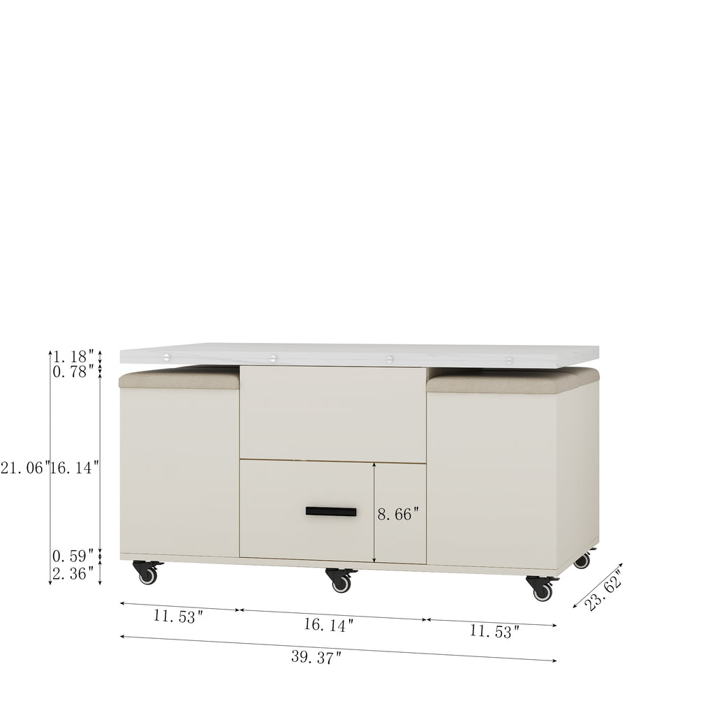 Modern lift coffee table, living room with 4 chairs, expandable 1 hidden storage space+2 drawers, folding dining table