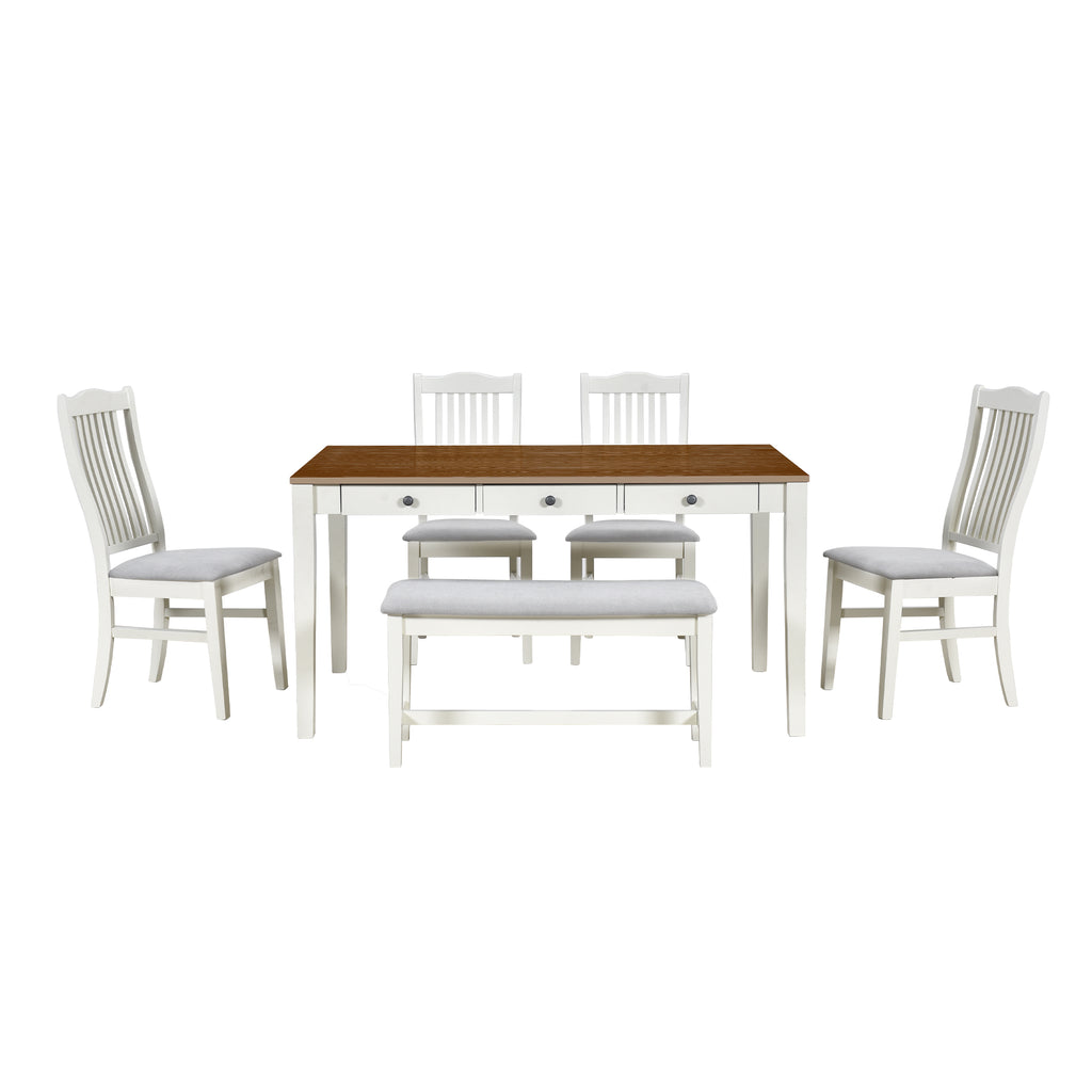 TOPMAX Mid-Century 6-Piece Wood Dining Table Set, Kitchen Table Set with Drawer  Upholstered Chairs and Bench  Butter Milk