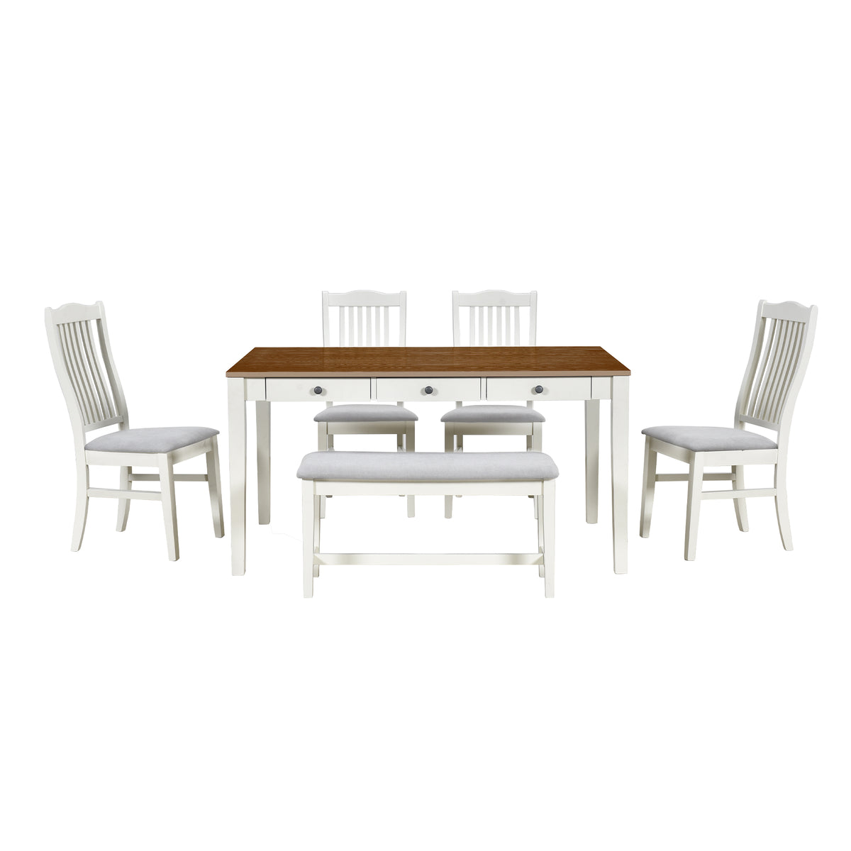 TOPMAX Mid-Century 6-Piece Wood Dining Table Set, Kitchen Table Set with Drawer  Upholstered Chairs and Bench  Butter Milk