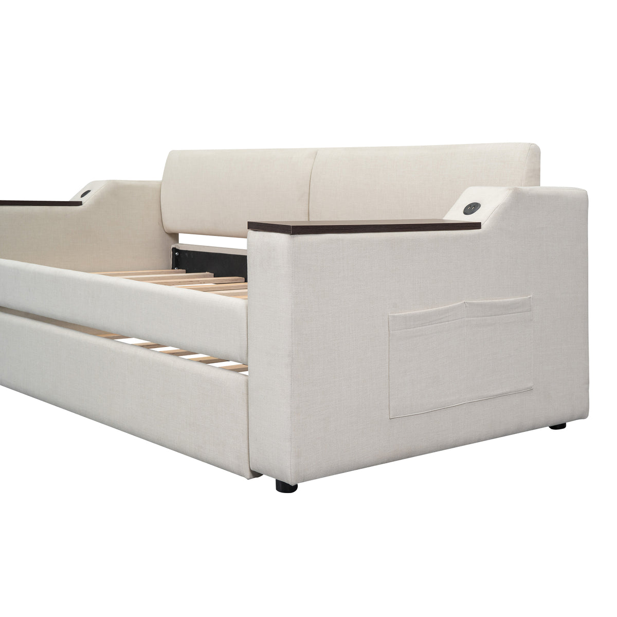 Twin Size Upholstery Daybed with Storage Arms  Trundle and USB Design Beige