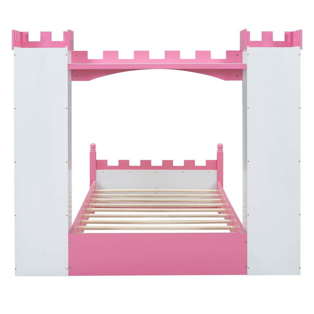 Lit en bois en forme de château avec étagère de rangement, lit plateforme double de rêve pour chambre d'enfant, blanc + rose