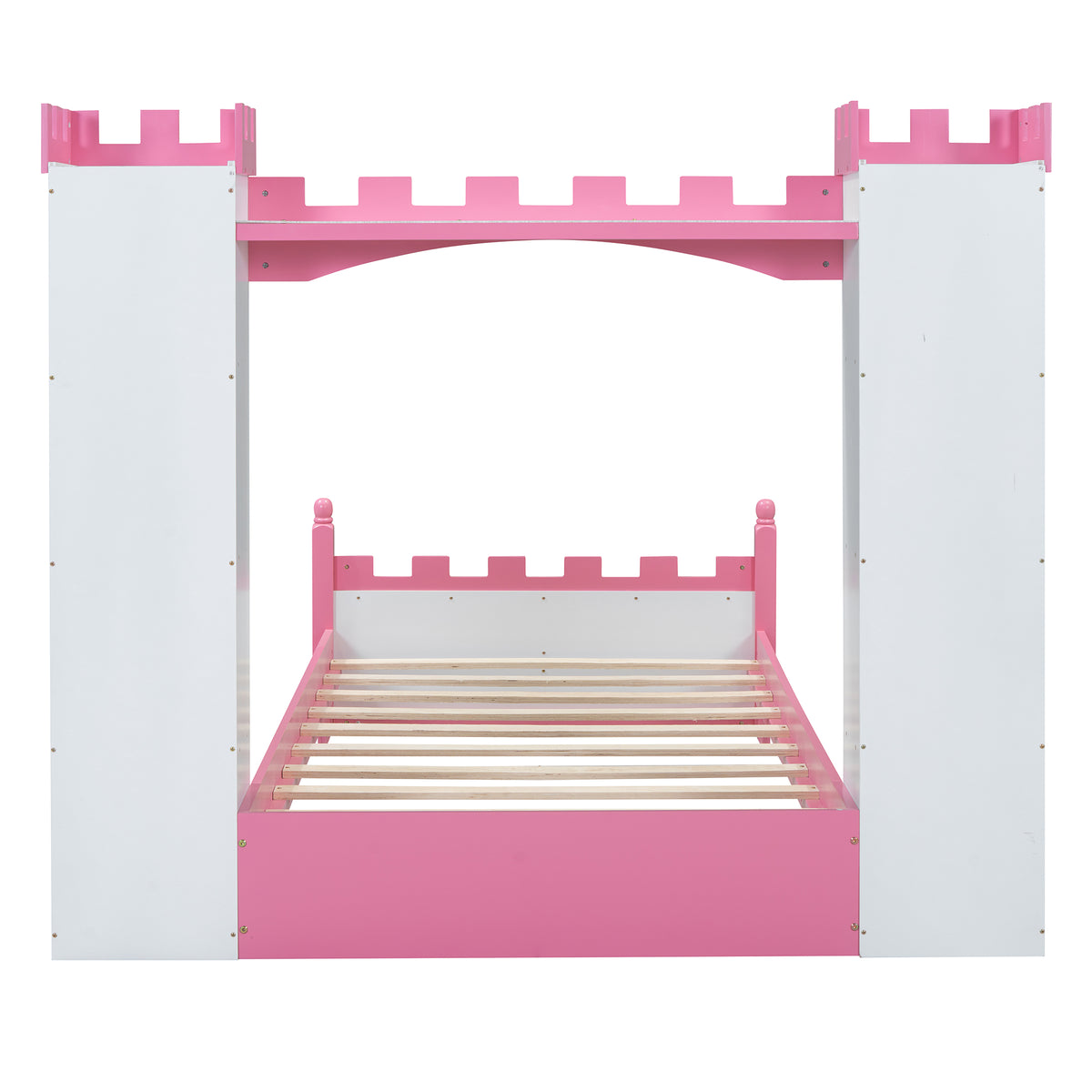 Lit en bois en forme de château avec étagère de rangement, lit plateforme double de rêve pour chambre d'enfant, blanc + rose