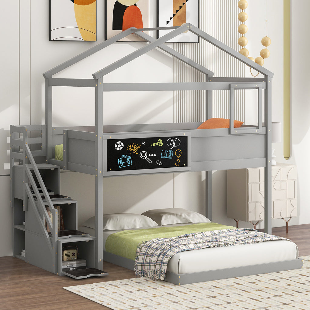 Twin over Full House Bunk Bed with Storage Staircase and Blackboard Gray