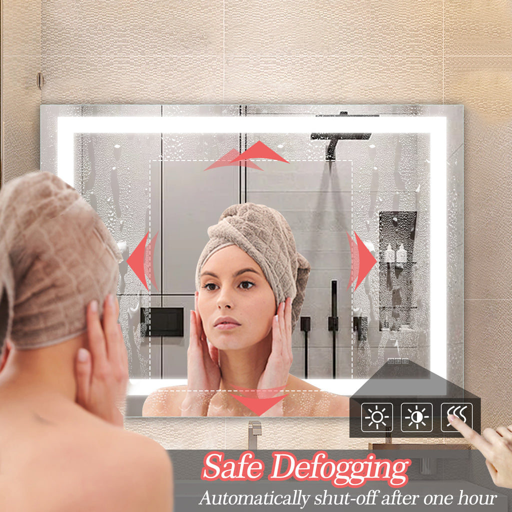 Miroir de salle de bain LED 48 x 36 pouces avec éclairage, anti-buée et intensité réglable, pour coiffeuse de salle de bain