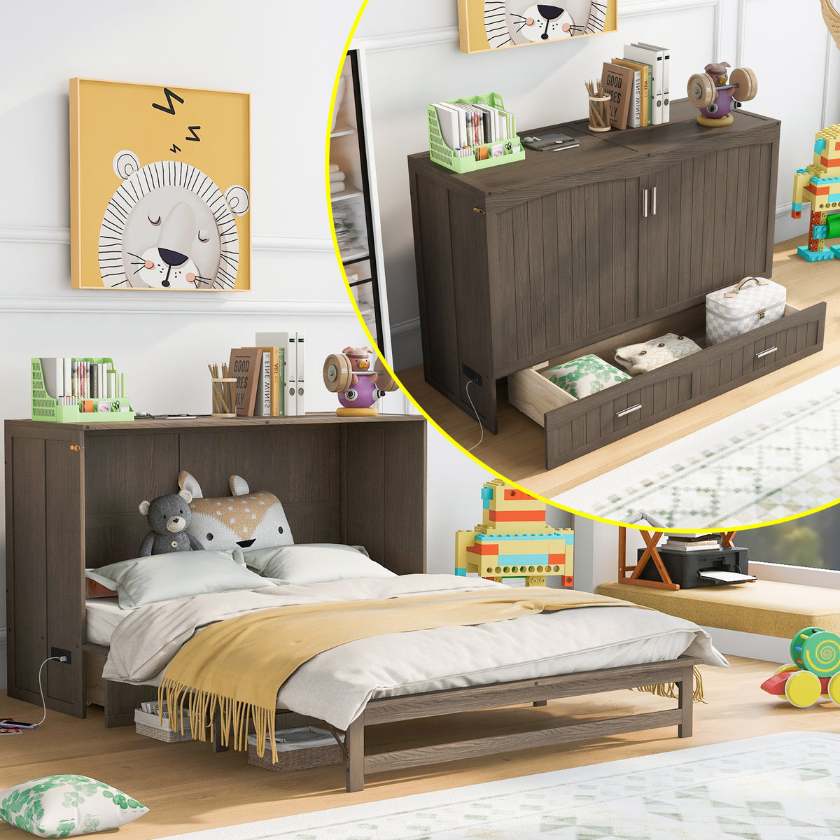 Queen Size Murphy Bed with Built-In Charging Station  Antique Grey